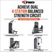 TKO Achieve Dual Multi-Press, Lat Pulldown and seated row, pec deck, and bicep and tricep home gym machine set on a plain white background