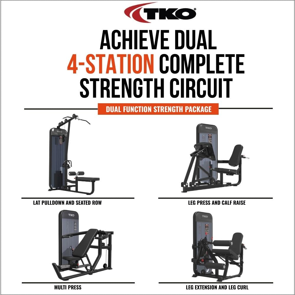 Achieve Dual 4-Station Complete Strength Circuit with Lat pulldown and seated row, leg press and calf raise, multi press, and leg extension and leg curl on a white background