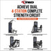 Achieve Dual 4-Station Complete Strength Circuit with Lat pulldown and seated row, leg press and calf raise, multi press, and leg extension and leg curl on a white background