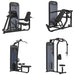 Four views of a TKO Achieve Dual leg press, peck deck, lat pull down, and muti-press strength training machine set against a plain white background.