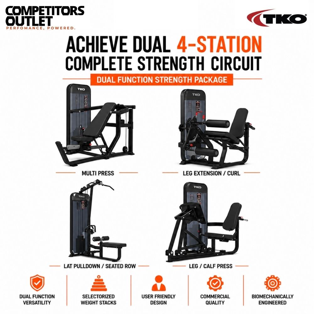 TKO 4-station complete strength circuit package, showing four black Mult-Press, Leg Extension, Lat Pulldown and Row, and Leg Press weight machines on a white background