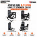 TKO 4-station complete strength circuit package, showing four black Mult-Press, Leg Extension, Lat Pulldown and Row, and Leg Press weight machines on a white background