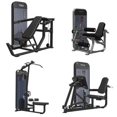 Four views of a TKO Achieve Dual Multi-Press, Lat Pull Down and Row, Leg Curl and Extension, and Leg Press exercise equipment on a plain white background