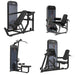 Four views of a TKO Achieve Dual Multi-Press, Lat Pull Down and Row, Leg Curl and Extension, and Leg Press exercise equipment on a plain white background