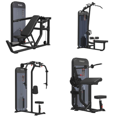 TKO Achieve Dual Multi-Press, Lat Pulldown and seated row, pec deck, and bicep and tricep home gym machine set on a plain white background