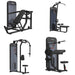 TKO Achieve Dual Multi-Press, Lat Pulldown and seated row, pec deck, and bicep and tricep home gym machine set on a plain white background