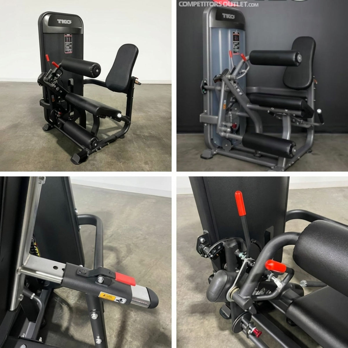  TKO Achieve Dual Leg Extension / Leg Curl with multiple angles shown on a concrete floor.