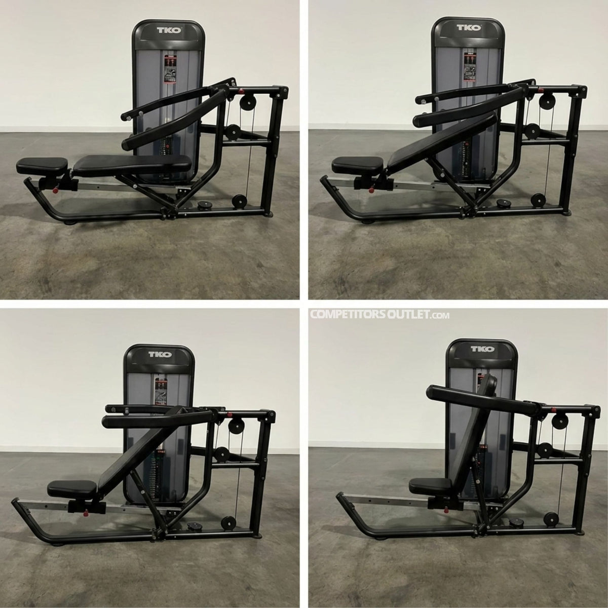 Four views of a black Multi-press 8800 machine with 'TKO' branding on a gray floor.