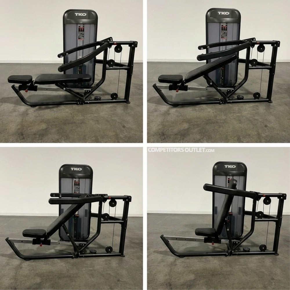 Four views of a black Multi-press 8800 machine with 'TKO' branding on a gray floor.