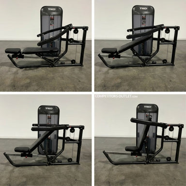 Four views of a black Multi-press 8800 machine with 'TKO' branding on a gray floor.