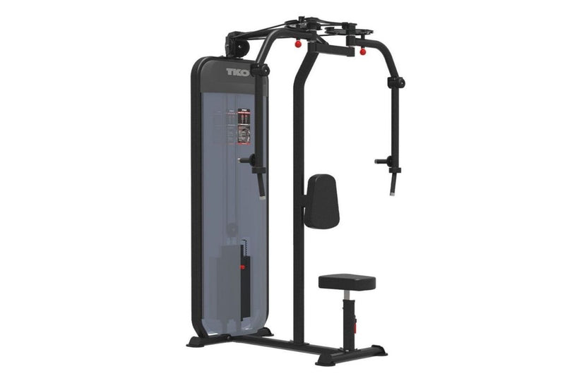 A TKO Achieve dual pec deck rear delt machine exercise equipment with a seat, shown on a solid white background.