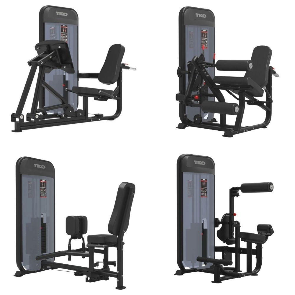Four views of a TKO brand leg extension and curl, leg press, abduction and adductor, and ab crunch gym machine on a plain white background.