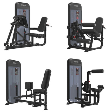 Four views of a TKO brand leg extension and curl, leg press, abduction and adductor, and ab crunch gym machine on a plain white background.