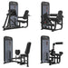 Four views of a TKO brand leg extension and curl, leg press, abduction and adductor, and ab crunch gym machine on a plain white background.