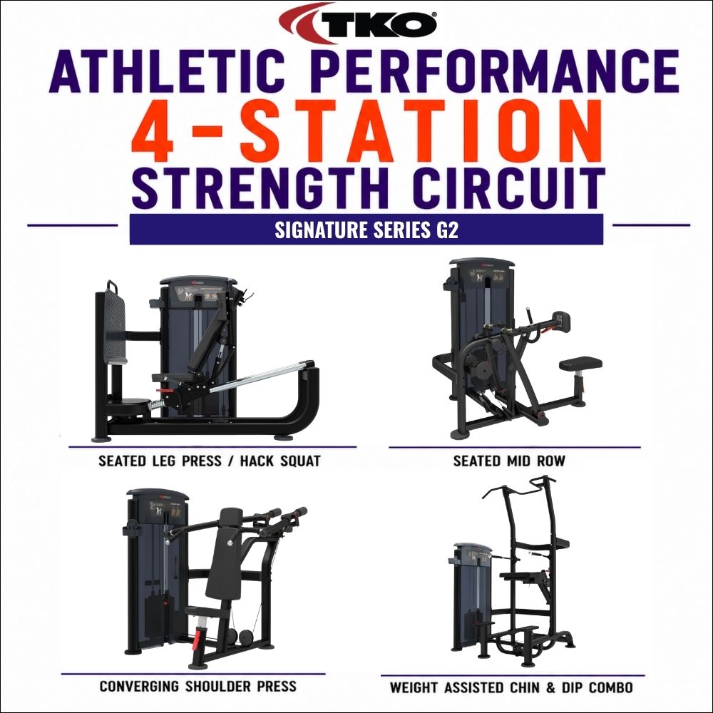 TKO 4-Station Strength Circuit Signature Series G2, showing four black and dark gray exercise machines with labels: Seated Leg Press / Hack Squat, Seated Mid Row, Converging Shoulder Press, and Weight Assisted Chin & Dip Combo, on a white background.