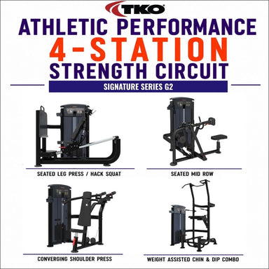 TKO 4-Station Strength Circuit Signature Series G2, showing four black and dark gray exercise machines with labels: Seated Leg Press / Hack Squat, Seated Mid Row, Converging Shoulder Press, and Weight Assisted Chin & Dip Combo, on a white background.