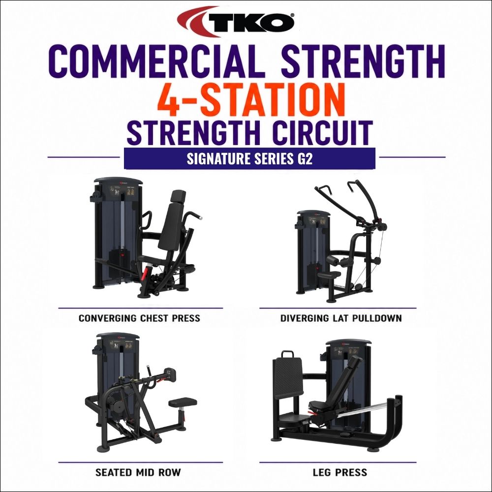 TKO Commercial Strength 4-Station Strength Circuit, featuring four piece of exercise equipment: Converging Chest Press, Diverging Lat Pulldown, Seated Mid Row, and Leg Press. The image has a white background with purple and orange text and the TKO logo at the top.