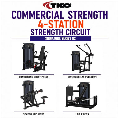 TKO Commercial Strength 4-Station Strength Circuit, featuring four piece of exercise equipment: Converging Chest Press, Diverging Lat Pulldown, Seated Mid Row, and Leg Press. The image has a white background with purple and orange text and the TKO logo at the top.