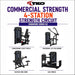 TKO Commercial Strength 4-Station Strength Circuit, featuring four piece of exercise equipment: Converging Chest Press, Diverging Lat Pulldown, Seated Mid Row, and Leg Press. The image has a white background with purple and orange text and the TKO logo at the top.