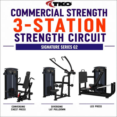TKO commercial 3-station strength circuit gym package, featuring three black exercise machines: converging chest press, diverging lat pulldown, and leg press, with large text reading 'COMMERCIAL STRENGTH 3-STATION STRENGTH CIRCUIT' and 'SIGNATURE SERIES G2'.