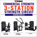 TKO commercial 3-station strength circuit gym package, featuring three black exercise machines: converging chest press, diverging lat pulldown, and leg press, with large text reading 'COMMERCIAL STRENGTH 3-STATION STRENGTH CIRCUIT' and 'SIGNATURE SERIES G2'.