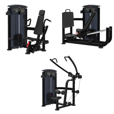 Three views of a black and dark gray exercise machine: converging chest press, diverging lat pulldown, and leg press on a plain white background.