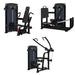Three views of a black and dark gray exercise machine: converging chest press, diverging lat pulldown, and leg press on a plain white background.