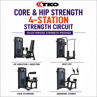 TKO Core and Hip Strength with Hip Abduction and Adduction, Multi Hip, Back Extension, and Abdominal Crunch weight machines. 