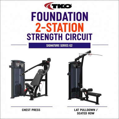 TKO Foundation 2-Station Strength Circuit Signature Series G2, showing two exercise machines side by side: a chest press on the left and a lat pulldown / seated row on the right, on a white background with large product title text at the top.