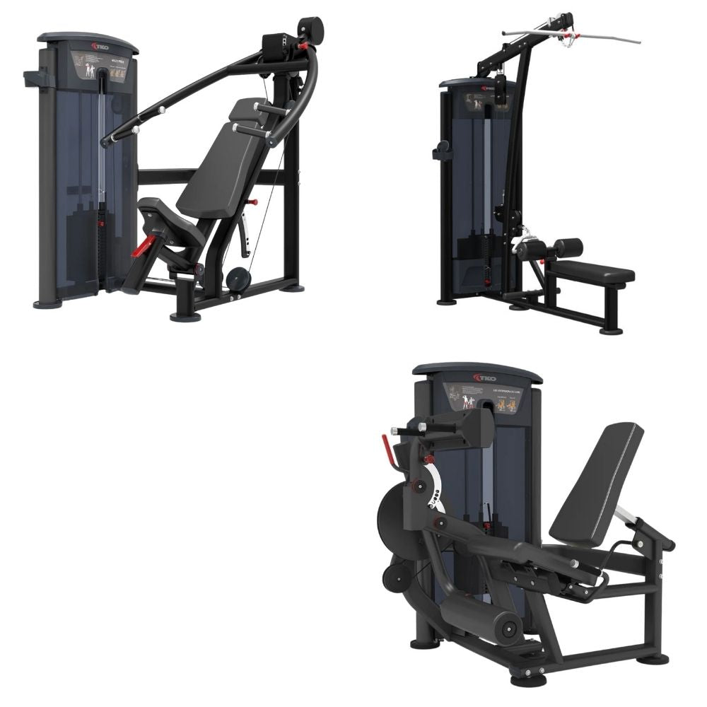 A multi-angle view of a commercial cable pulley gym machine, showing three different functional positions: Multi Press, Lat Pulldown & Vertical Row, and Dual Leg Extension & Leg Curl The machine is primarily black with dark gray weight stacks and small red accents.