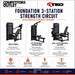TKO Foundation 3-Station Strength Circuit, showing three exercise stations: Multi Press, Lat Pulldown & Vertical Row, and Dual Leg Extension & Leg Curl, with text detailing features and benefits.