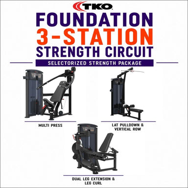 TKO brand advertisement for the Foundation 3-Station Strength Circuit, showing Multi press, Lat pulldown and vertical row, and dual leg extension and leg curl exercise machines on a white background with purple and orange text.
