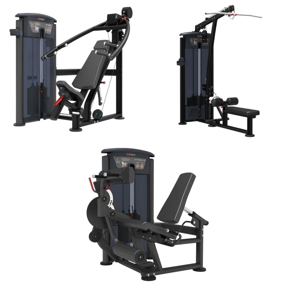 Three views of a commercial Foundation 3-Station Strength Circuit, showing Multi press, Lat pulldown and vertical row, and dual leg extension and leg curl exercise machines on a white background 