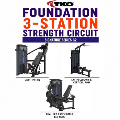 TKO Foundation 3-Station Strength Circuit, showing three exercise machines: a multi-press, a lat pulldown and vertical row, and a dual leg extension and leg curl, with large product titles and model text on a white background.