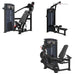 A multi-angle view of a commercial cable pulley gym machine, showing three different functional positions: Multi Press, Lat Pulldown & Vertical Row, and Dual Leg Extension & Leg Curl The machine is primarily black with dark gray weight stacks and small red accents.