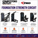 TKO Foundation Strength Circuit, showing four black and dark gray commercial exercise machines, mutli-press, lat pull down and vertical row, dual leg extension and leg curl, and abdominal and back extension side by side with names and exercise programs each machine supports. The graphic includes the Competitors Outlet logo, the TKO logo, and feature icons at the bottom.