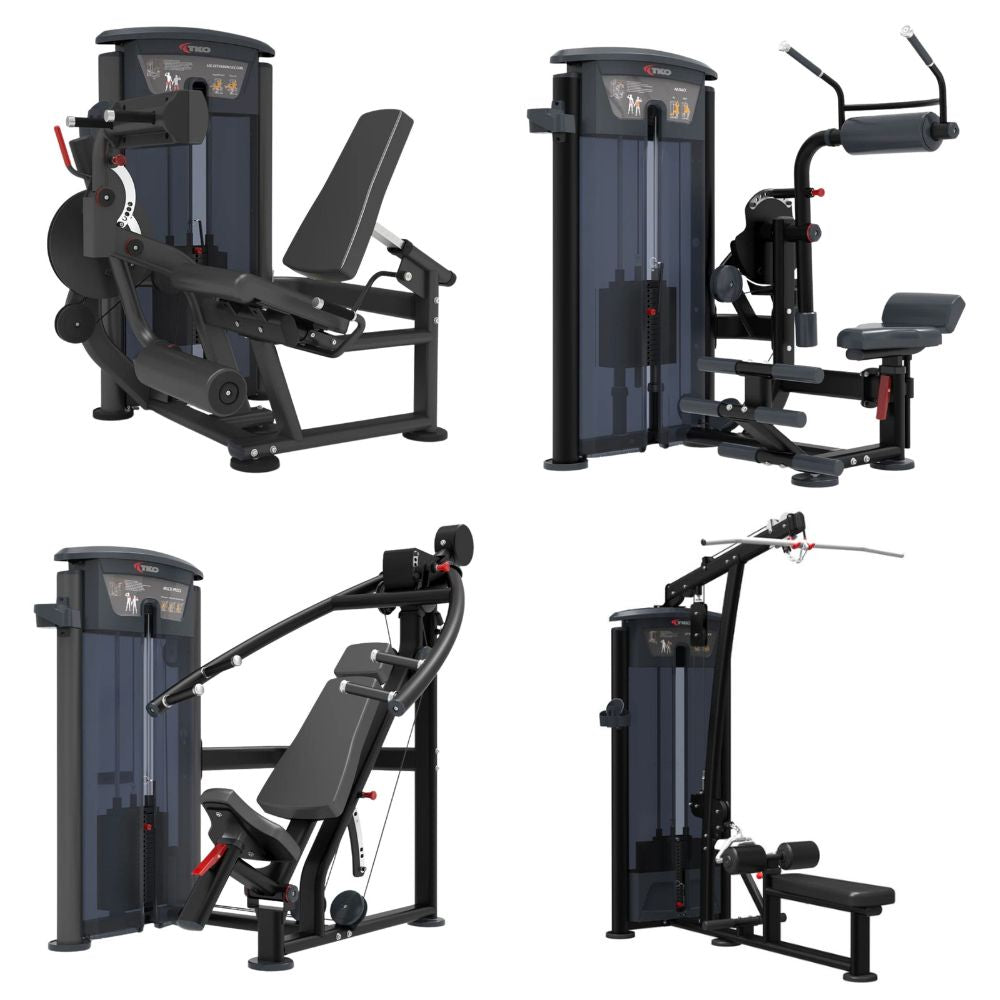Four views of a dual-weight chest press and leg curl gym machine set on a plain white background. TKO Foundation Strength Circuit, showing four black and dark gray commercial exercise machines, mutli-press, lat pull down and vertical row, dual leg extension and leg curl, and abdominal and back extension