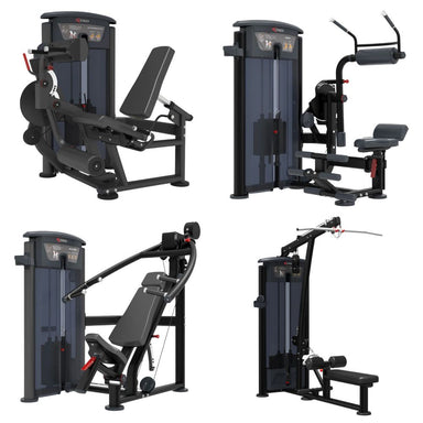 Four views of a dual-weight chest press and leg curl gym machine set on a plain white background. TKO Foundation Strength Circuit, showing four black and dark gray commercial exercise machines, mutli-press, lat pull down and vertical row, dual leg extension and leg curl, and abdominal and back extension
