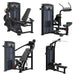 Four views of a dual-weight chest press and leg curl gym machine set on a plain white background. TKO Foundation Strength Circuit, showing four black and dark gray commercial exercise machines, mutli-press, lat pull down and vertical row, dual leg extension and leg curl, and abdominal and back extension