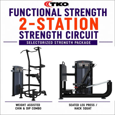  TKO Functional Strength 2-Station Strength Circuit package, showing two pieces of gym equipment on a white background: a weight-assisted chin and dip combo on the left, and a seated leg press / hack squat on the right.