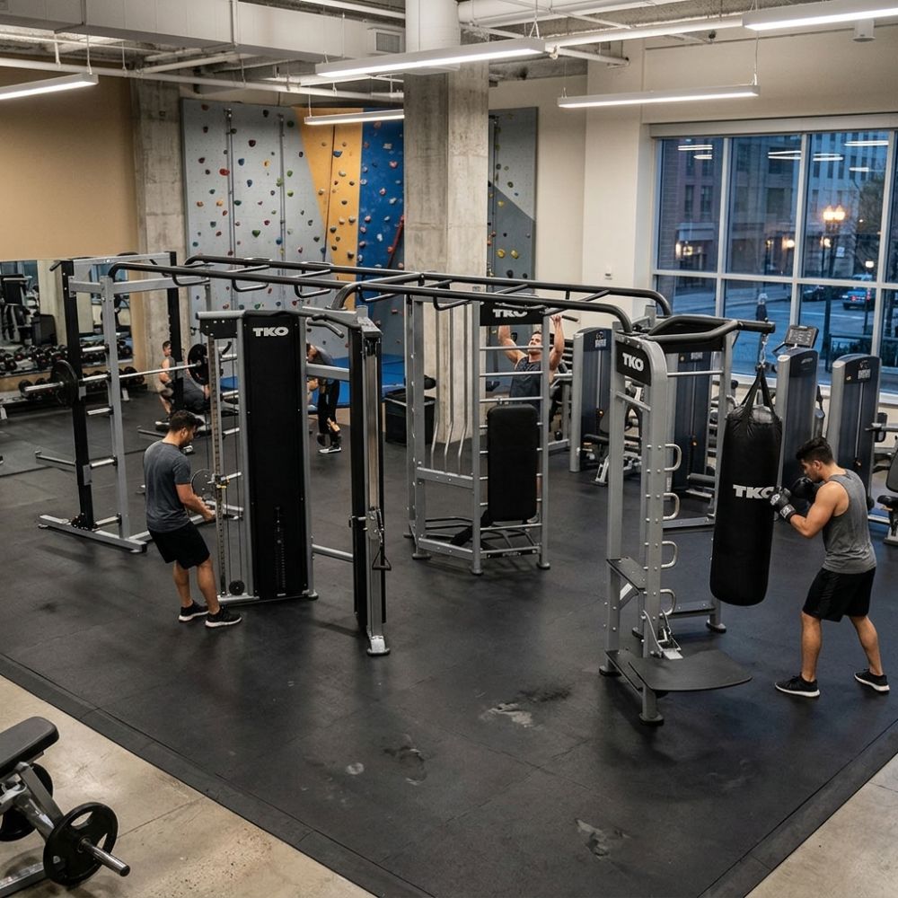 TKO Functional Trainer Power Rack Boxing and Rebounder Multi Station 990 and people exercising