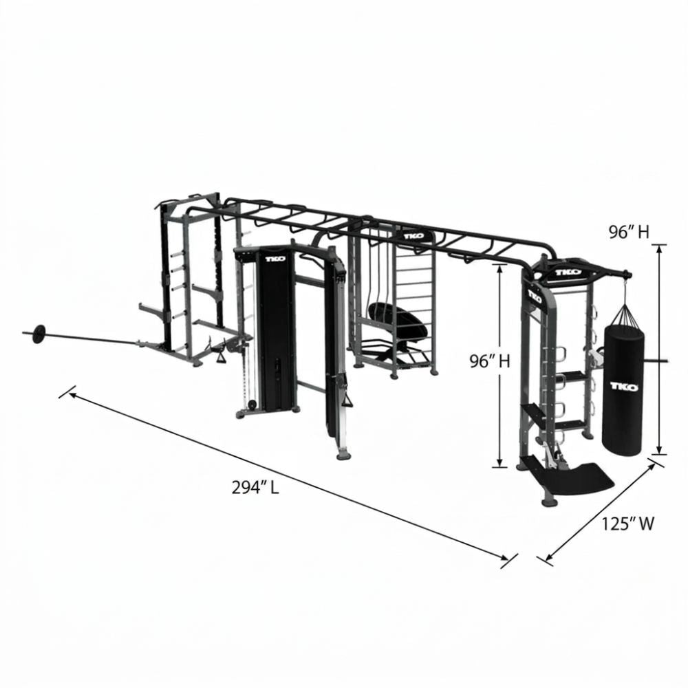 TKO Functional Trainer Power Rack Boxing and Rebounder Multi Station 9901 fitness training system with dimensions labeled.