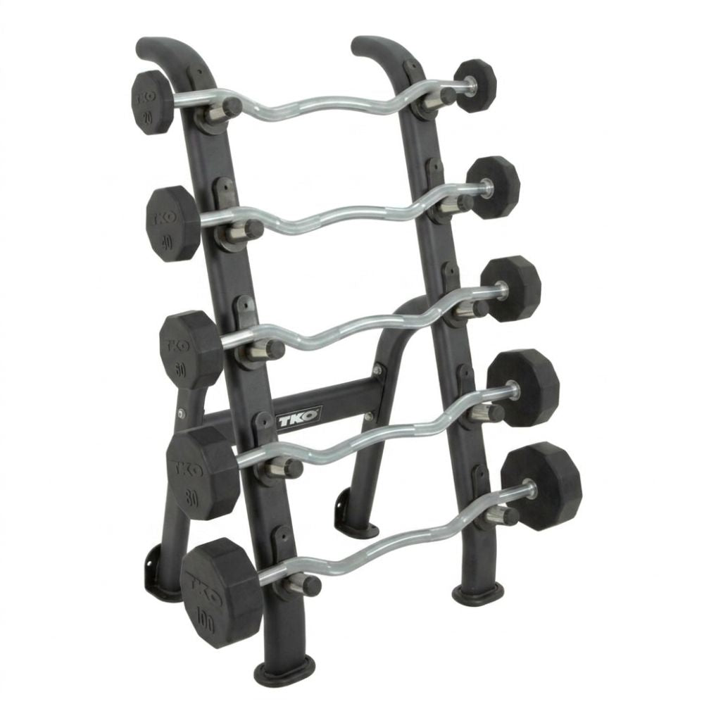 Set of TKO EZ Curl dumbbells on a TKO rack 845BBR-BK with visible brand logo on a white background