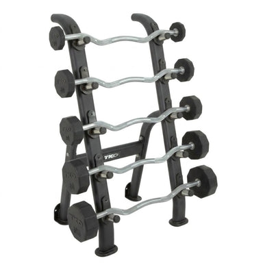 Set of TKO EZ Curl dumbbells on a TKO rack 845BBR-BK with visible brand logo on a white background