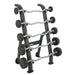 Set of TKO EZ Curl dumbbells on a TKO rack 845BBR-BK with visible brand logo on a white background
