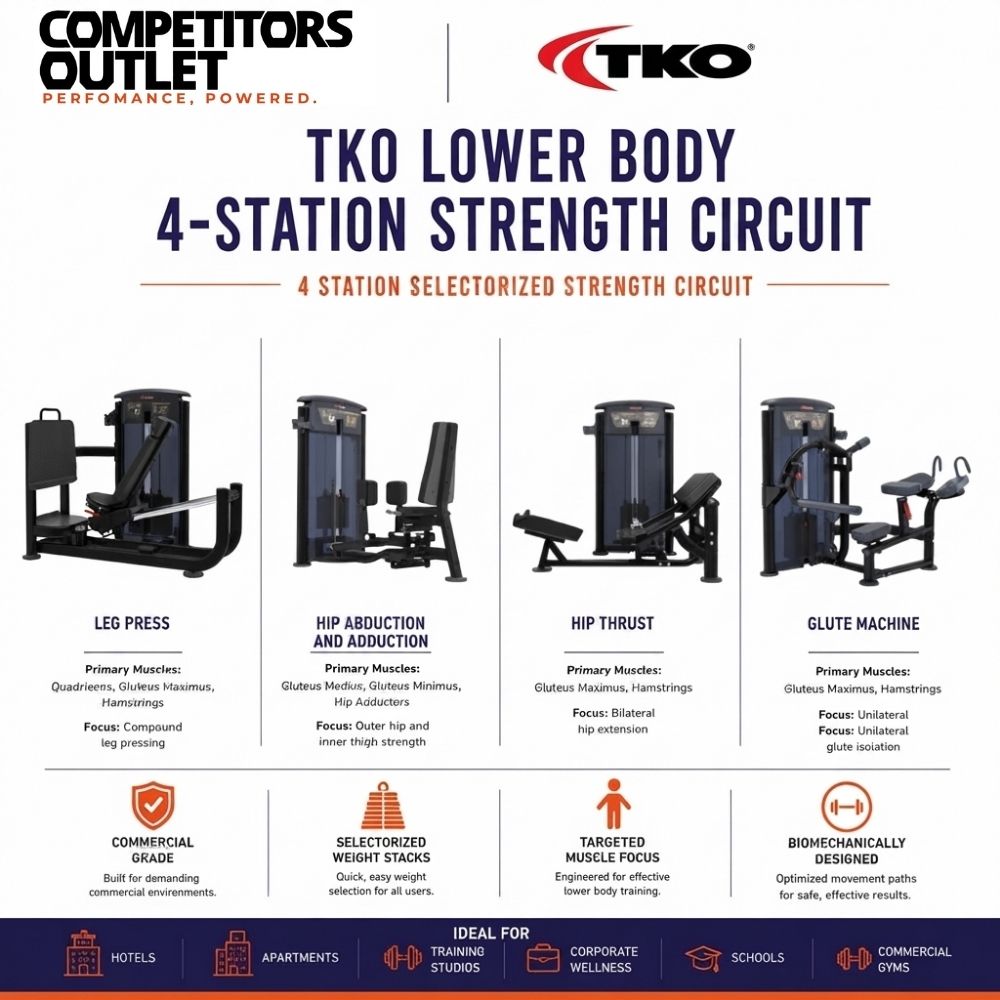 TKO Lower Body 4-Station Strength Circuit, featuring four black exercise machines (Leg Press, Hip Abduction and Adduction, Hip Thrust, Glute Machine) with their primary muscles, equipment specs, and benefits listed below on a white background with TKO branding.