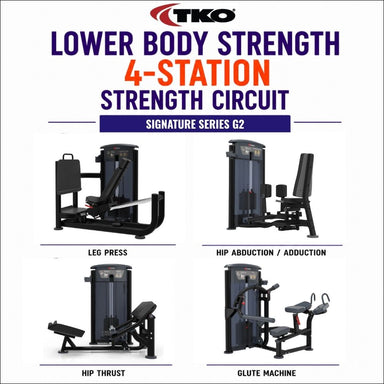4-station lower body strength circuit by TKO, showing four exercise machines: leg press, hip abduction/adduction, hip thrust, and glute machine, with the TKO logo and product title at the top.