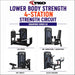 4-station lower body strength circuit by TKO, showing four exercise machines: leg press, hip abduction/adduction, hip thrust, and glute machine, with the TKO logo and product title at the top.