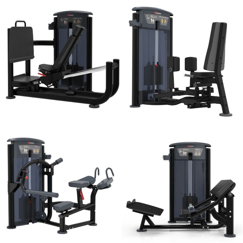 TKO Lower Body 4-Station Strength Circuit, featuring four black exercise machines (Leg Press, Hip Abduction and Adduction, Hip Thrust, Glute Machine)  gym machine set against a solid white background, showcasing different exercise positions.