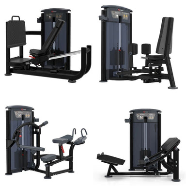 TKO Lower Body 4-Station Strength Circuit, featuring four black exercise machines (Leg Press, Hip Abduction and Adduction, Hip Thrust, Glute Machine)  gym machine set against a solid white background, showcasing different exercise positions.
